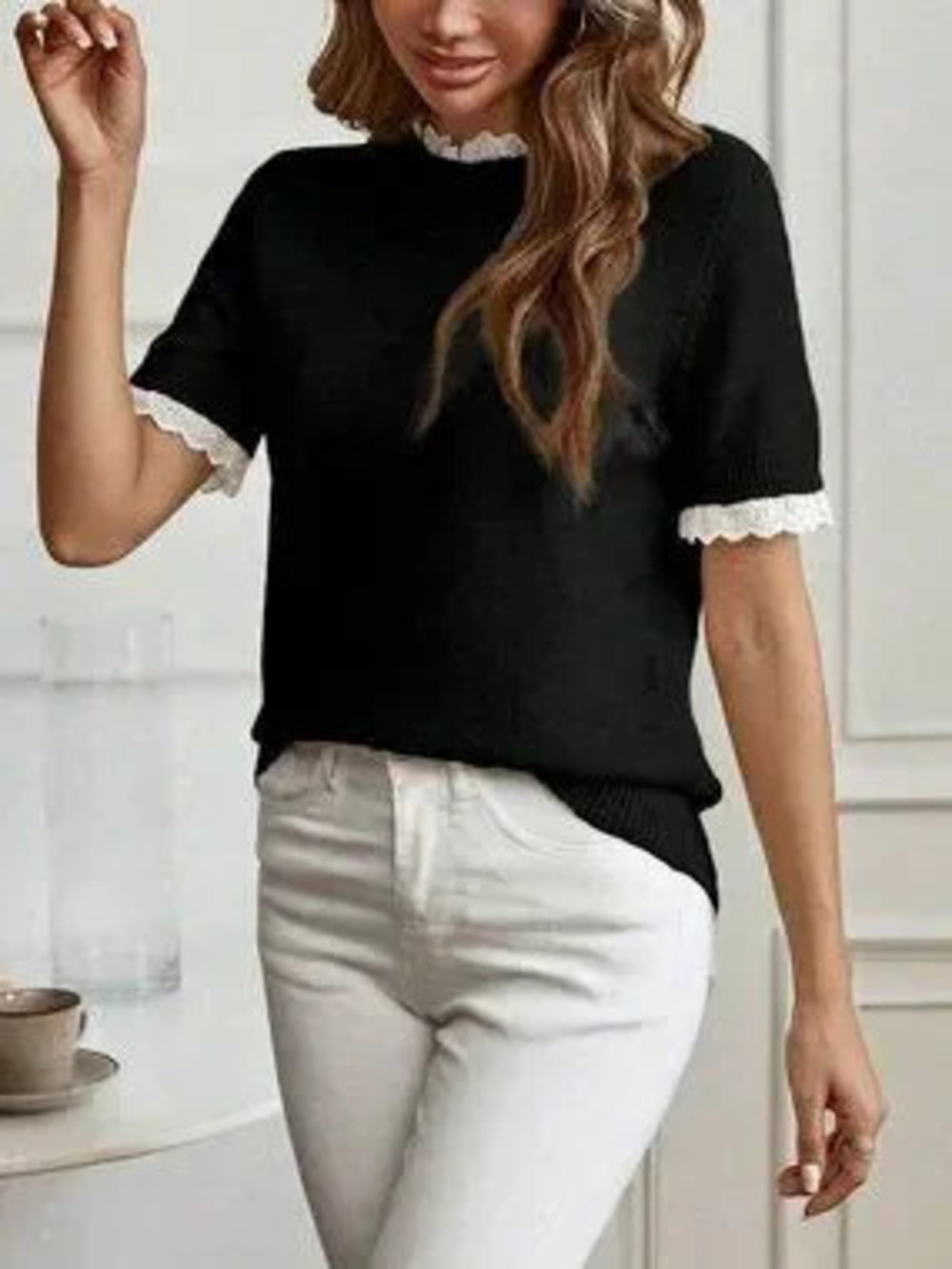 ZARA Black Casual Women's Elegant Lace Trim Knit Short Sleeve Crew Neck Sweater